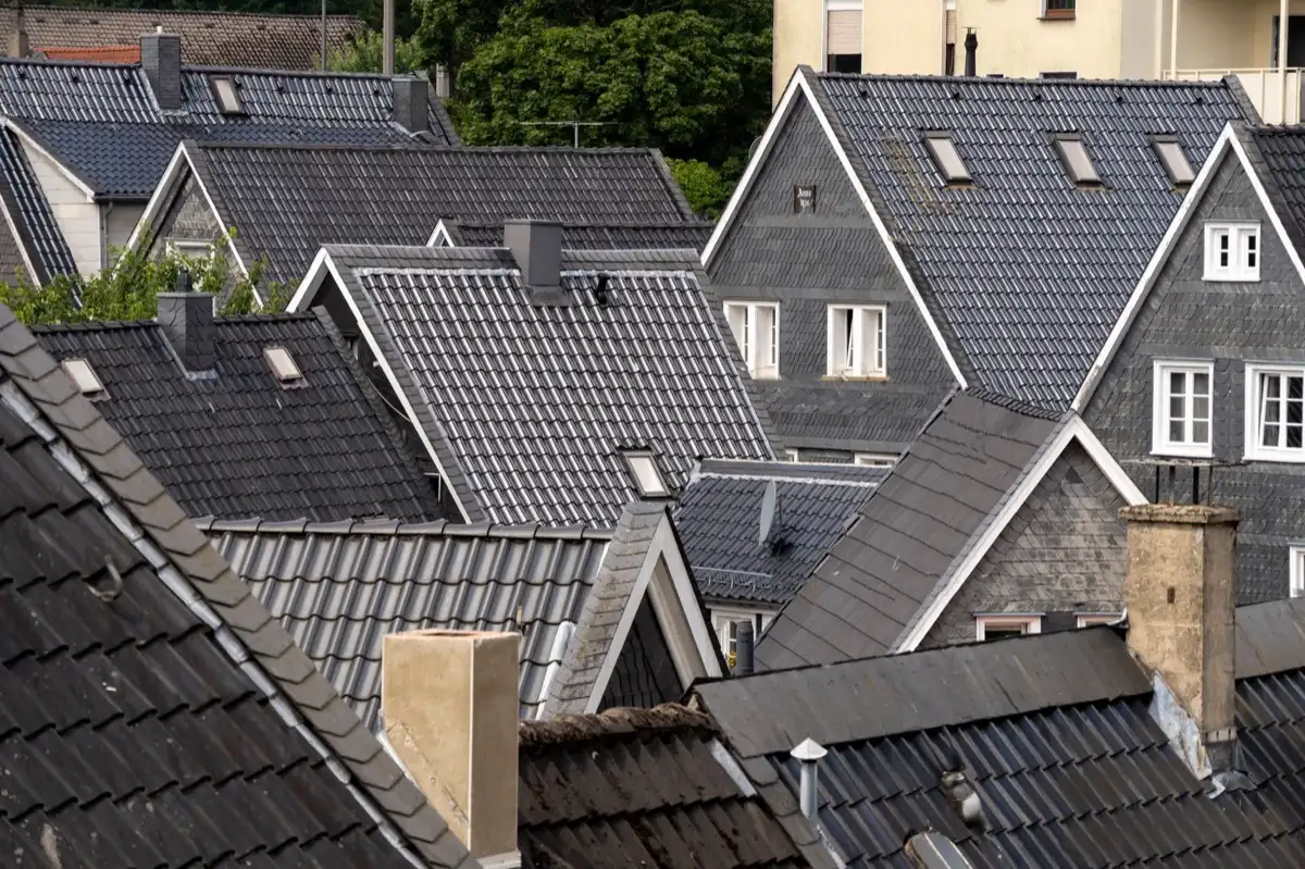 Steep roof eaves and gutter lines on houses in Garden Grove, CA
